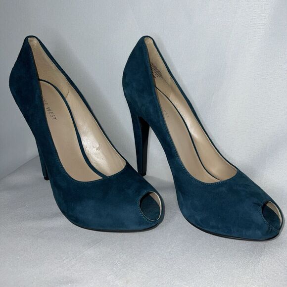 Nine West Peep Toe Dark Turquoise High Heels Womens Sz 10 Leather Upper - Picture 2 of 9